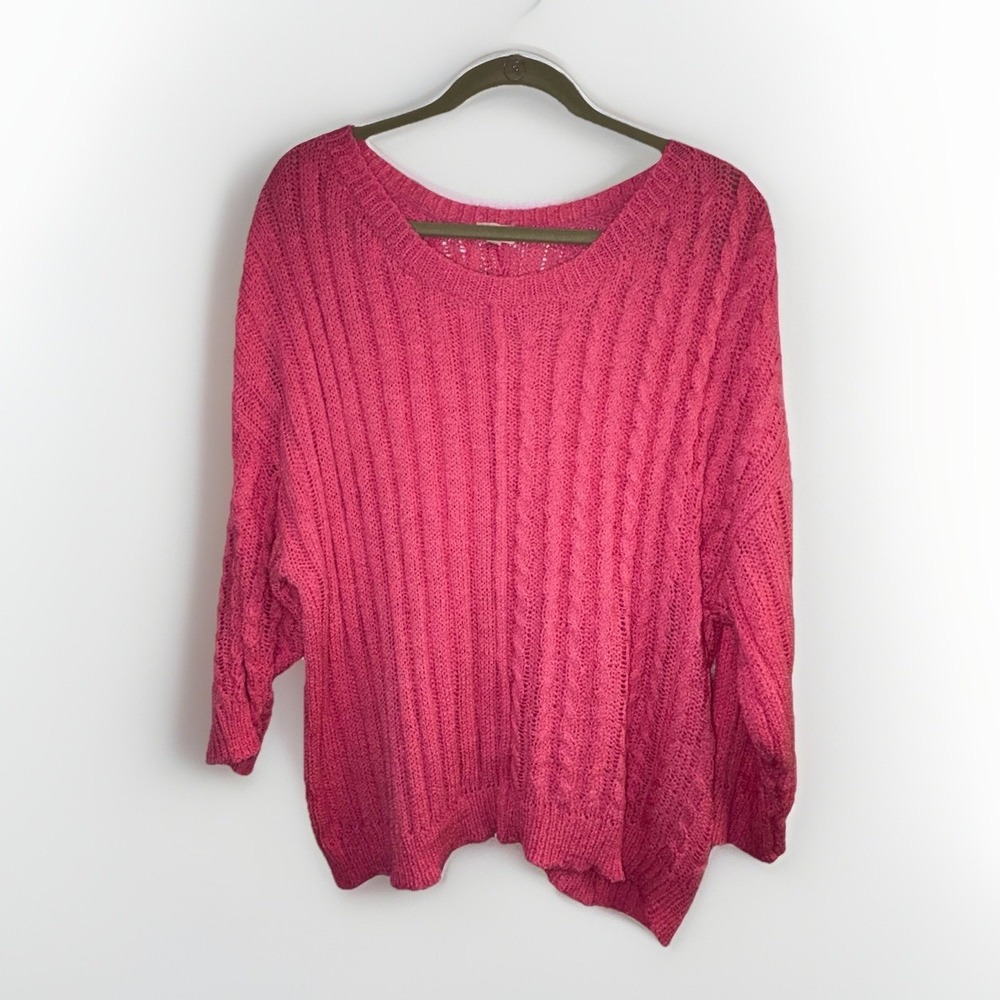 POL Pink Open Cable Knit Oversized Sweater Women's Size M Scoop Neck 3/4 Sleeves